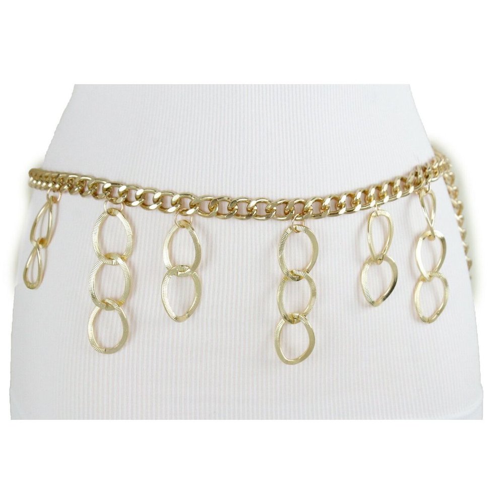 Women Narrow Waisted Belt Gold Metal Chain Links Dangle Drop Ring Charms M L XL